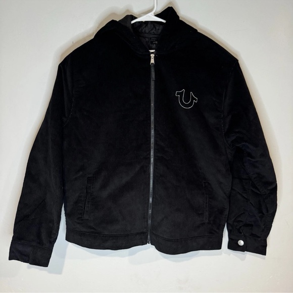 True Religion Horseshoe Corduroy Hooded black Jacket Quilt Lined Men’s Size XL